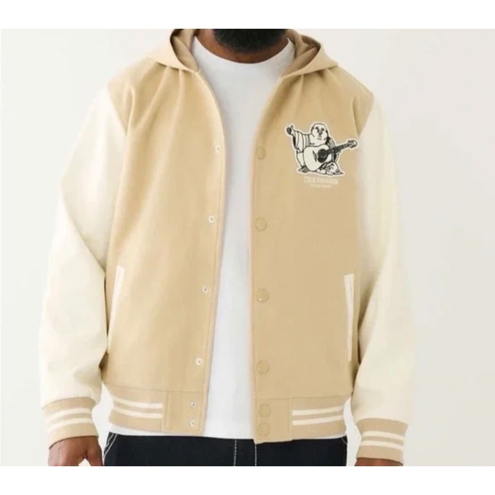 True Religion Varsity Jacket Two Toned Buddha Hooded Cream White Men's Medium‎